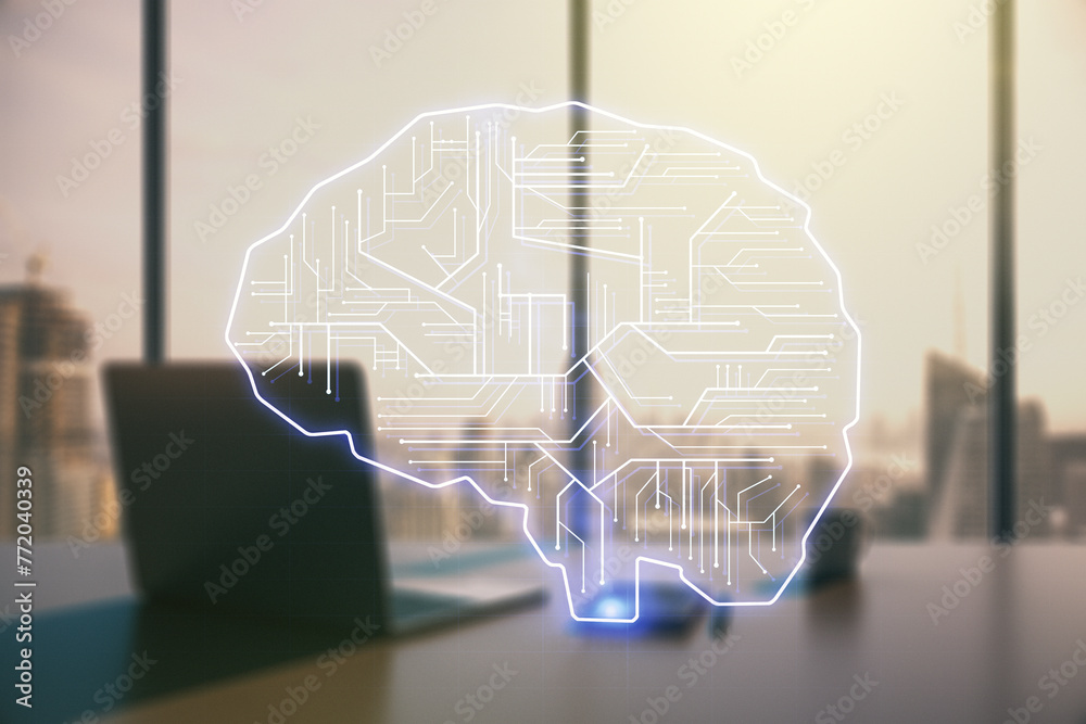 Wall mural double exposure of creative human brain microcircuit and modern desk with computer on background. fu