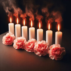 Burning candles and carnation flowers on dark background
