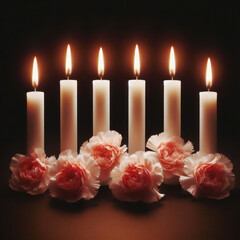 Red carnation flowers and many burning candles in memory of the deceased of the funeral