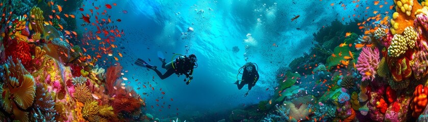 Fototapeta na wymiar Scuba divers amidst neon coral reefs
