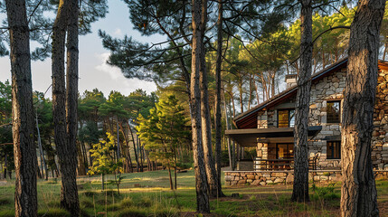 A farmhouse with a striking stone facade, nestled amidst towering pine trees.