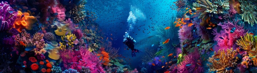 Fototapeta na wymiar Scuba divers amidst neon coral reefs