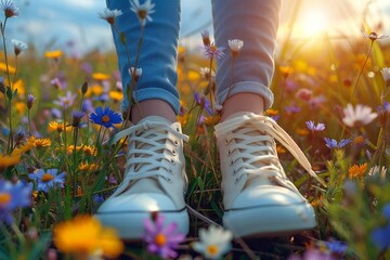 The legs of a girl in white walking shoes on a spring blooming meadow