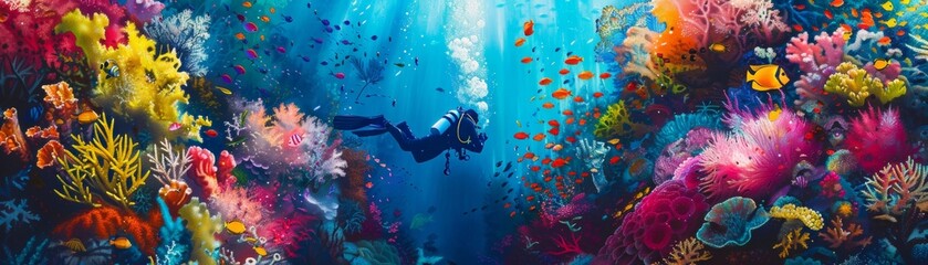 Scuba divers amidst neon coral reefs - obrazy, fototapety, plakaty