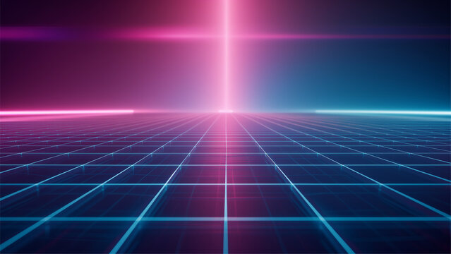 90s 80s retro synthwave futuristic background with grid and glowing light gradient.