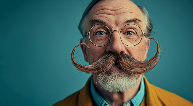 A man with a mustache and glasses is smiling and looking at the camera. a lighthearted and playful mood. a humorous photography of a man with big exaggerated mustache, isolated on flat background