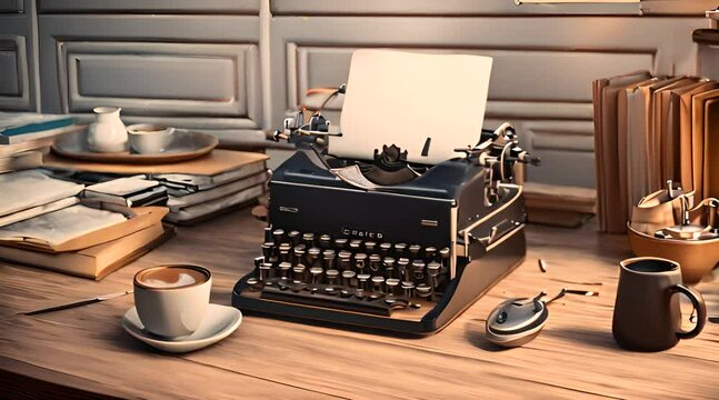 a work room at home with an old typewriter and a cup of coffee on the table.
