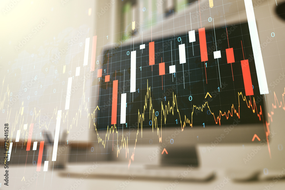 Poster abstract creative financial graph with world map and modern desktop with computer on background, for