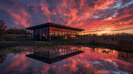 A modern farmhouse with large windows reflecting a fiery sunset sky.