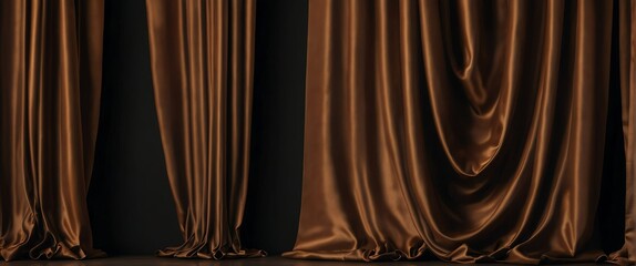 Brown luxurious elegant silk smooth shiny curtain drapes decor hanging on plain black background from Generative AI - obrazy, fototapety, plakaty