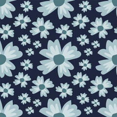 Flat floral pattern design. Blue flowers on the white background