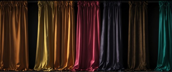 Colorful luxurious elegant silk smooth shiny curtain drapes decor hanging on plain black background from Generative AI - obrazy, fototapety, plakaty