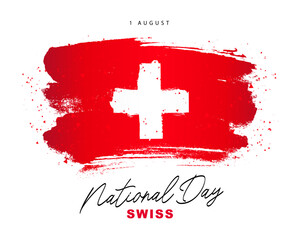 1 August - National day in Switzerland. Confederate Day. Flag of Switzerland, hand-drawn with a brush. Federal holiday