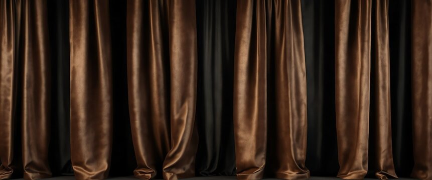 Brown luxurious elegant silk smooth shiny curtain drapes decor hanging on plain black background from Generative AI