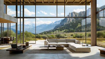 A modern farmhouse with floor-to-ceiling windows framing a picturesque mountain vista.