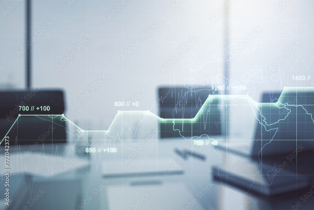 Poster double exposure of abstract creative statistics data hologram and modern desk with computer on backg