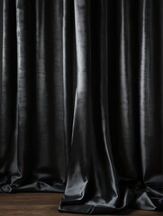 Portrait photo gray luxurious elegant silk smooth shiny curtain drapes decor hanging on plain black background from Generative AI