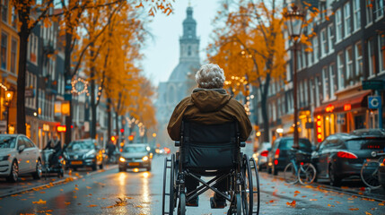 A disabled man in a wheelchair in traffic