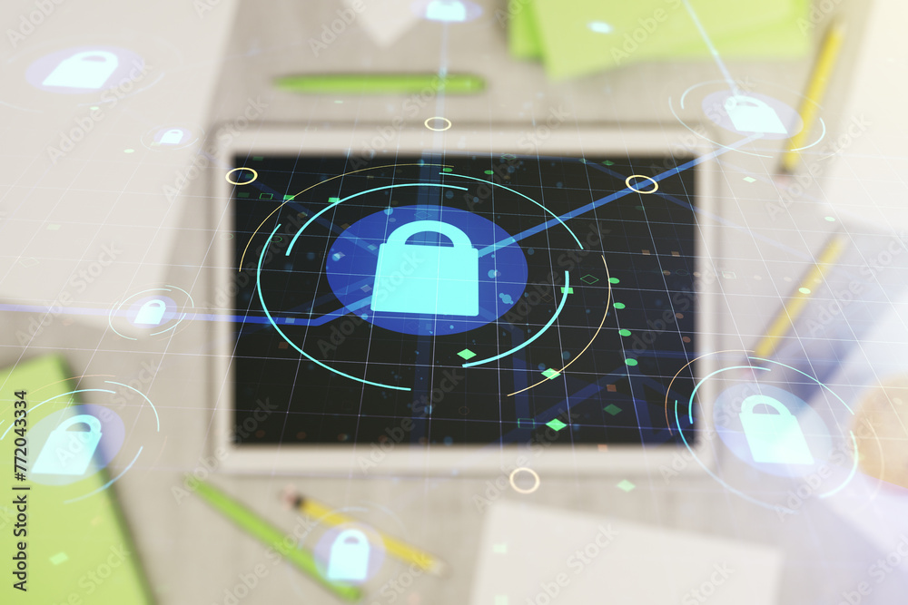 Poster double exposure of creative lock hologram with chip and digital tablet on background, top view. info