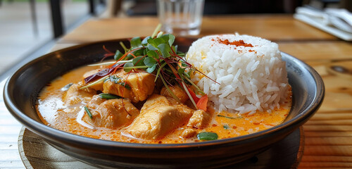Aromatic curry with tender chicken, fragrant spices, coconut milk, and fluffy jasmine rice.