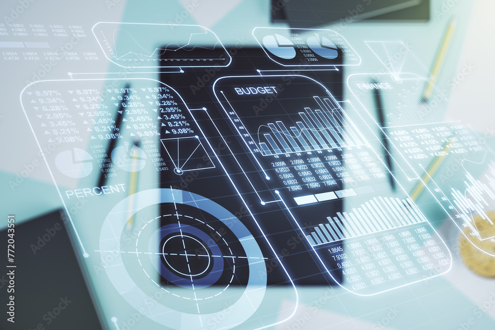 Fototapete double exposure of abstract creative statistics data hologram and modern digital tablet on backgroun