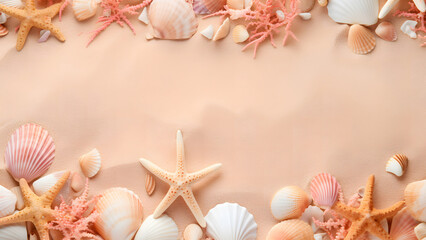 Obraz premium Summer time frame background concept. Seashell, starfish and coral reef on sandy beach with copy space. Top view