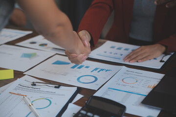 Meeting and greeting concept, Two confident Business handshake and business people after discussing good deal of Trading contract and new projects for both companies, success, partnership, co worker.