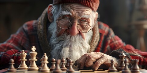 Wise Grandfather Teaches Chess with Thoughtful on Wooden Board