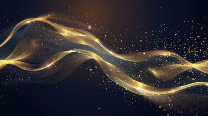 Abstract banner with festive golden wave design and glitter effect.