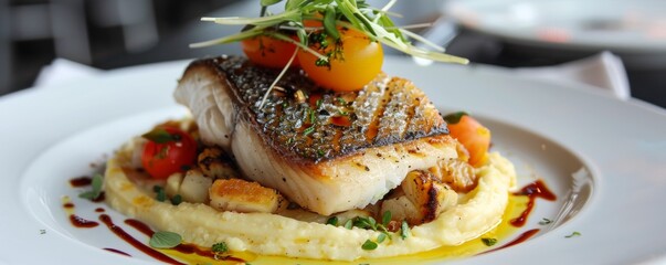 Upscale culinary feast where sea bass and flounder are transformed into artful