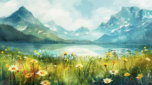 Watercolor summer landscape with wildflowers and majestic mountains.