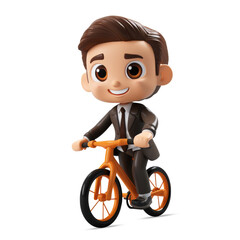 3D cute young businessman character riding bicycle