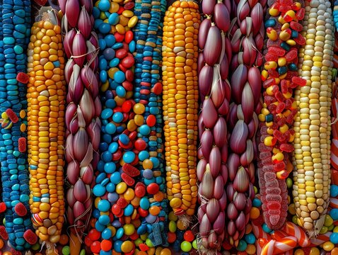 A colorful pattern of corn cobs and candy, each ear with its own unique color