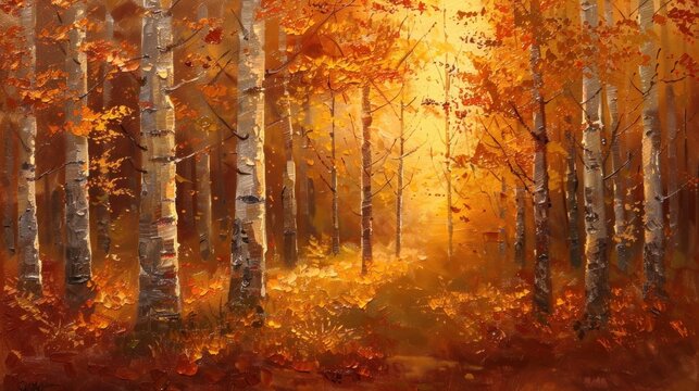 Oil painting of a birch forest at sunset during autumn