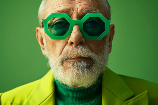A man with a green pair of sunglasses on his face, is a yellow jacket and a green shirt. a old good looking man, wearing hexagonal green sunglasses, neutral and green pastel color background,