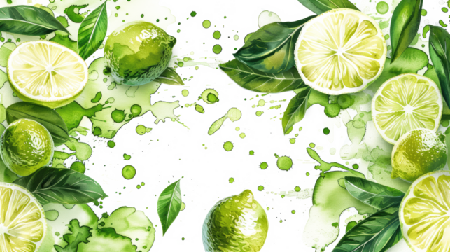 green watercolor lime and lemons isolated on white or transparent png