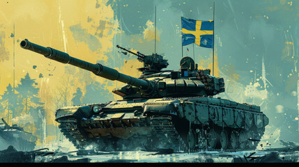 Military Power on Display: Tank with Swedish Flag Dominating the Scene - obrazy, fototapety, plakaty