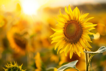 Golden Hour Glow on Sunflower Field, Vibrant Yellow Blossoms Basking in Sunlight
