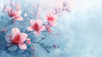 Vintage manga flowers in soft blue & pink, minimalist, space for text.