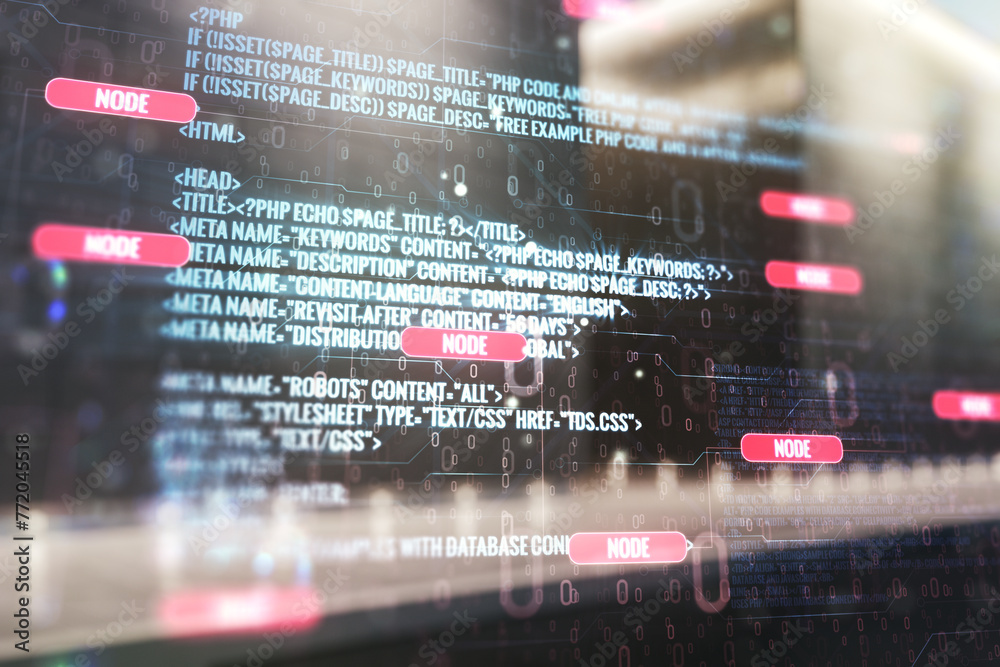 Poster Multi exposure of abstract programming language hologram on contemporary business center exterior background, artificial intelligence and machine learning concept