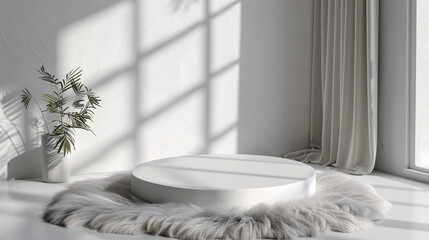 white circular podium on white fur with curtain background for luxury product advertising