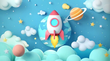 3D cartoon planet Earth, rocket and moon floating in space, simple background with clouds and planets, in the style of clay illustration, pink blue yellow color palette, cute cartoon design - obrazy, fototapety, plakaty