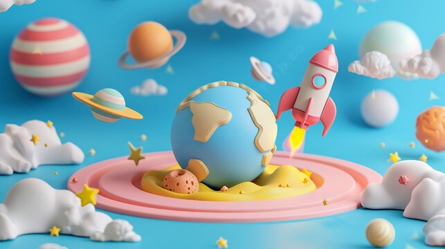 3D cartoon planet Earth, rocket and moon floating in space, simple background with clouds and planets, in the style of clay illustration, pink blue yellow color palette, cute cartoon design