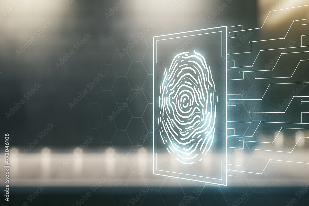 Poster multi exposure of virtual fingerprint scan interface on contemporary business center exterior backgr