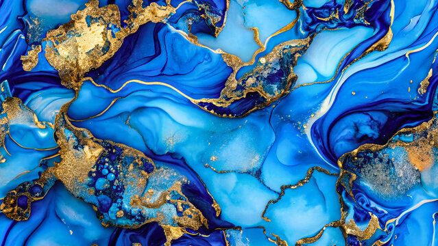 Blue color and gold glitter alcohol ink seamless pattern. Generative ai