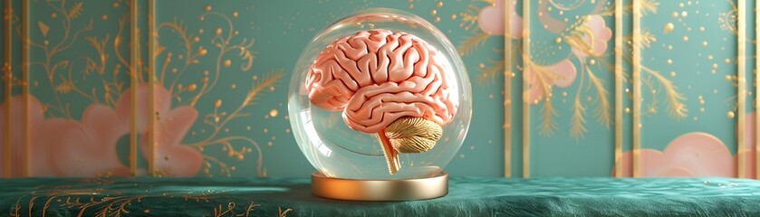 a brain made from pink and gold tentacles inside a glass sphere, on a teal background with golden stripes