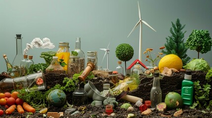 Create a stilllife composition of everyday objects arranged to mimic a landscape suffering from pollution, with a clear divide showing a transition to a cleaner, greener environment 