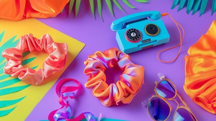 Create a stylish still life of Y2K fashion accessories, including scrunchies, alongside a flip phone and a mixtape, set against a backdrop of bright, bold colors that evoke the early aughts vibe