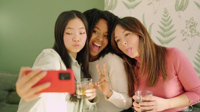 Multiracial women pulling funny faces while taking a selfie indoors