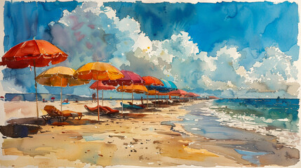 A beach painting in watercolor with lots of parasols - obrazy, fototapety, plakaty